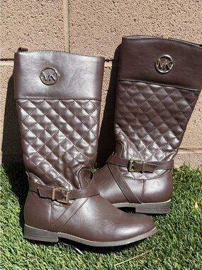 Michael Kors Quilted Tall Riding Boots in Brown with Gold MK Emblem - Size 3